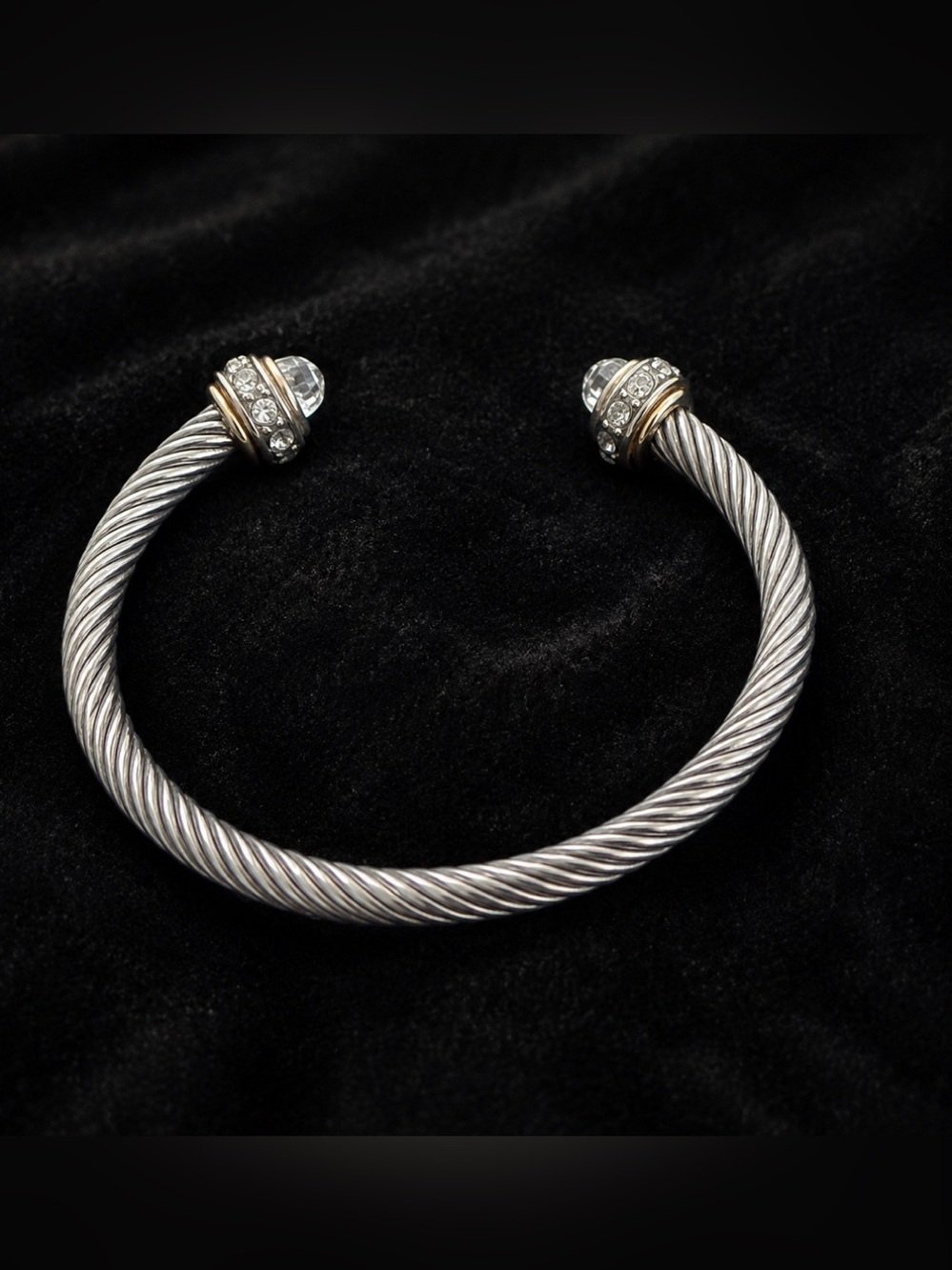 Silver and Gold Cable Twist Bracelet with Clear Stones